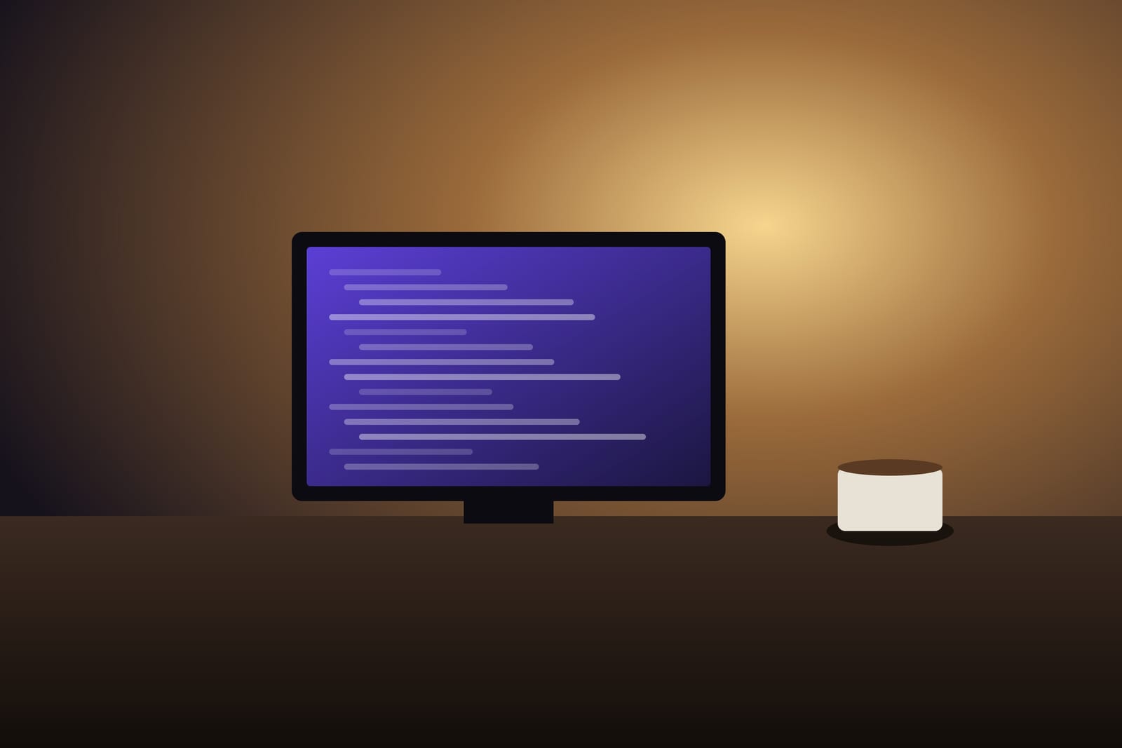 A laptop glowing on a desk at night beside a mug of coffee